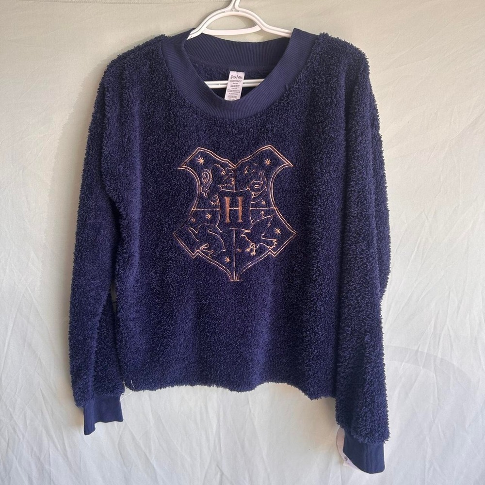 Harry Potter Navy Blue Faux Fur Hogwarts Crest Pajama Sweatshirt Womens Size L